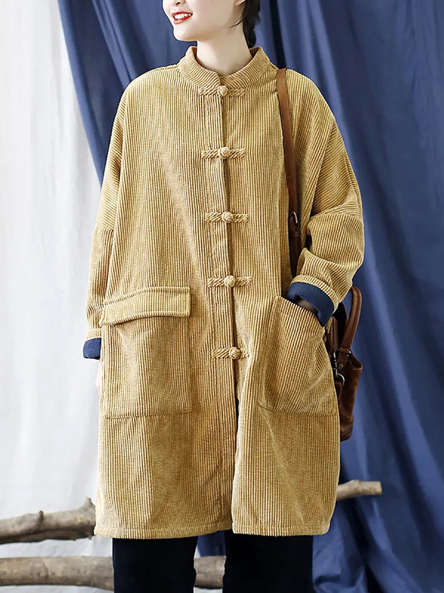 Women Vintage Solid Corduroy Long Winter Coat Ada Fashion