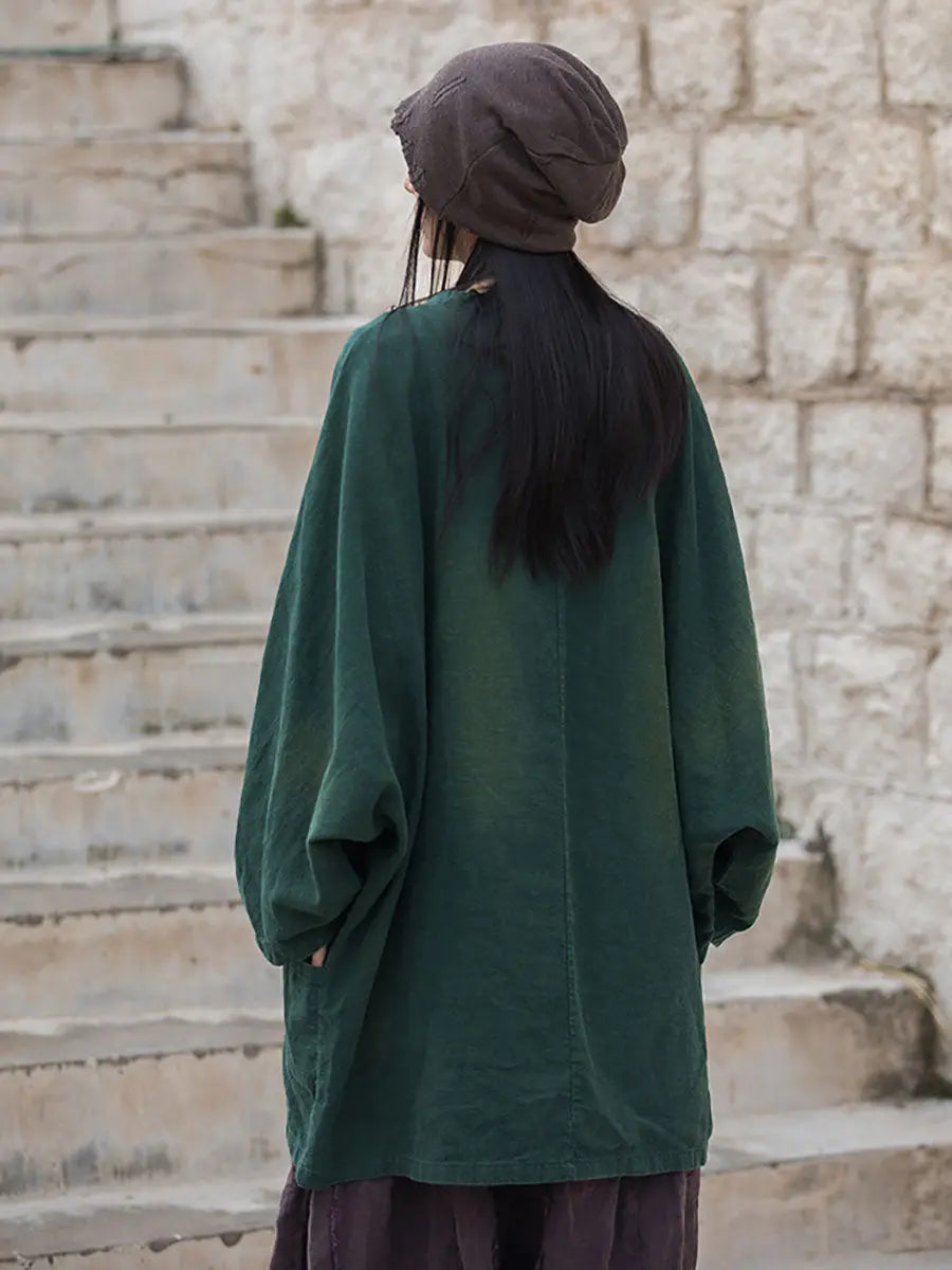Women Vintage Solid Ramie Slant-Closure Long Shirt Ada Fashion