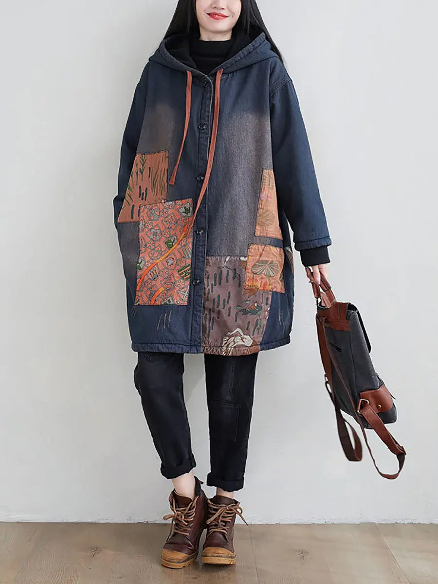 Women Vintage Spliced Denim Hooded Padded Coat Ada Fashion
