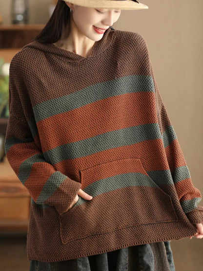 Women Vintage Spliced Knitted Pocket Hooded Sweater Ada Fashion
