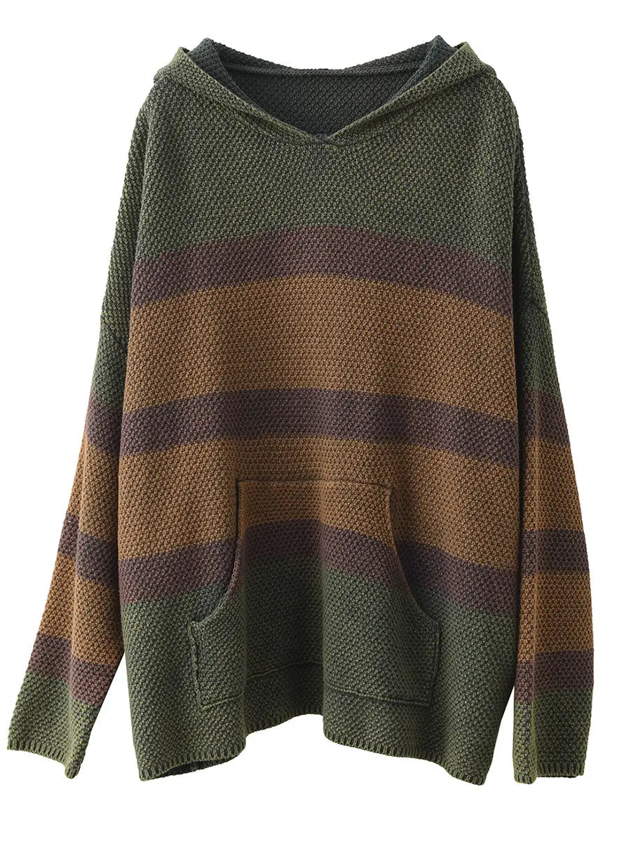 Women Vintage Spliced Knitted Pocket Hooded Sweater Ada Fashion