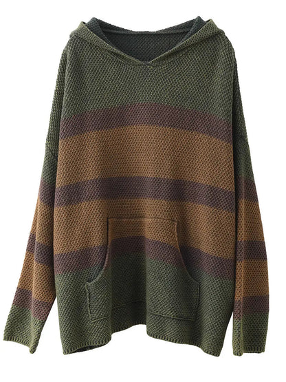 Women Vintage Spliced Knitted Pocket Hooded Sweater Ada Fashion