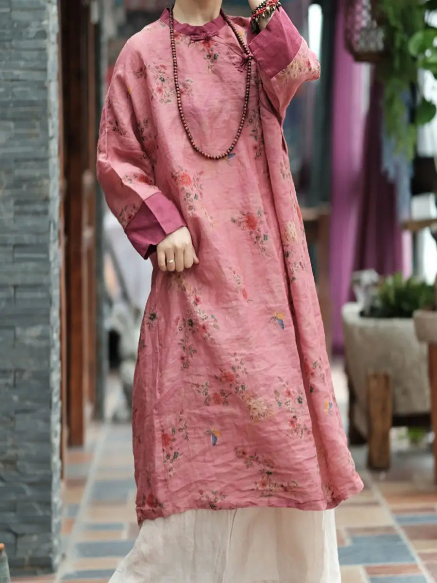 Women Vintage Spring Floral Spliced Ramie Robe Dress Ada Fashion