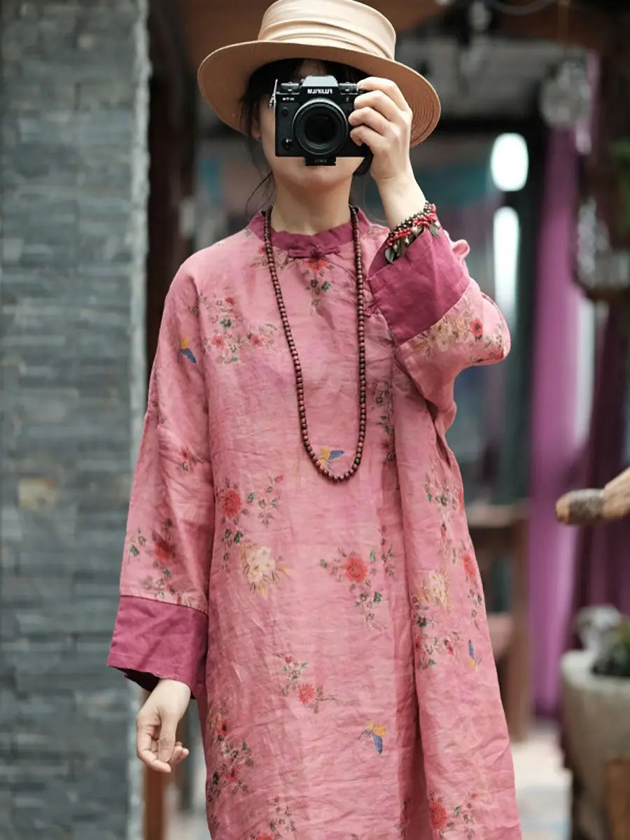 Women Vintage Spring Floral Spliced Ramie Robe Dress Ada Fashion