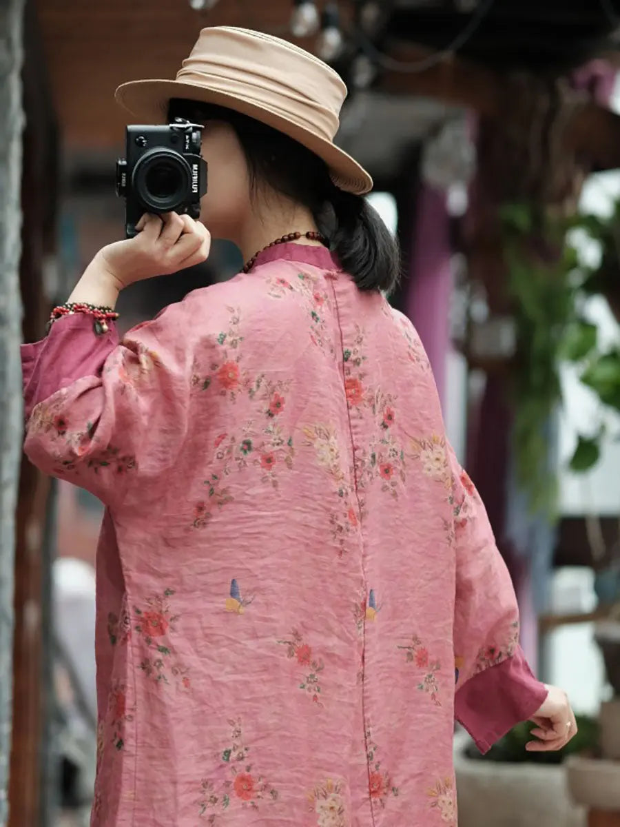 Women Vintage Spring Floral Spliced Ramie Robe Dress Ada Fashion