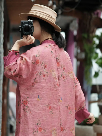 Women Vintage Spring Floral Spliced Ramie Robe Dress Ada Fashion