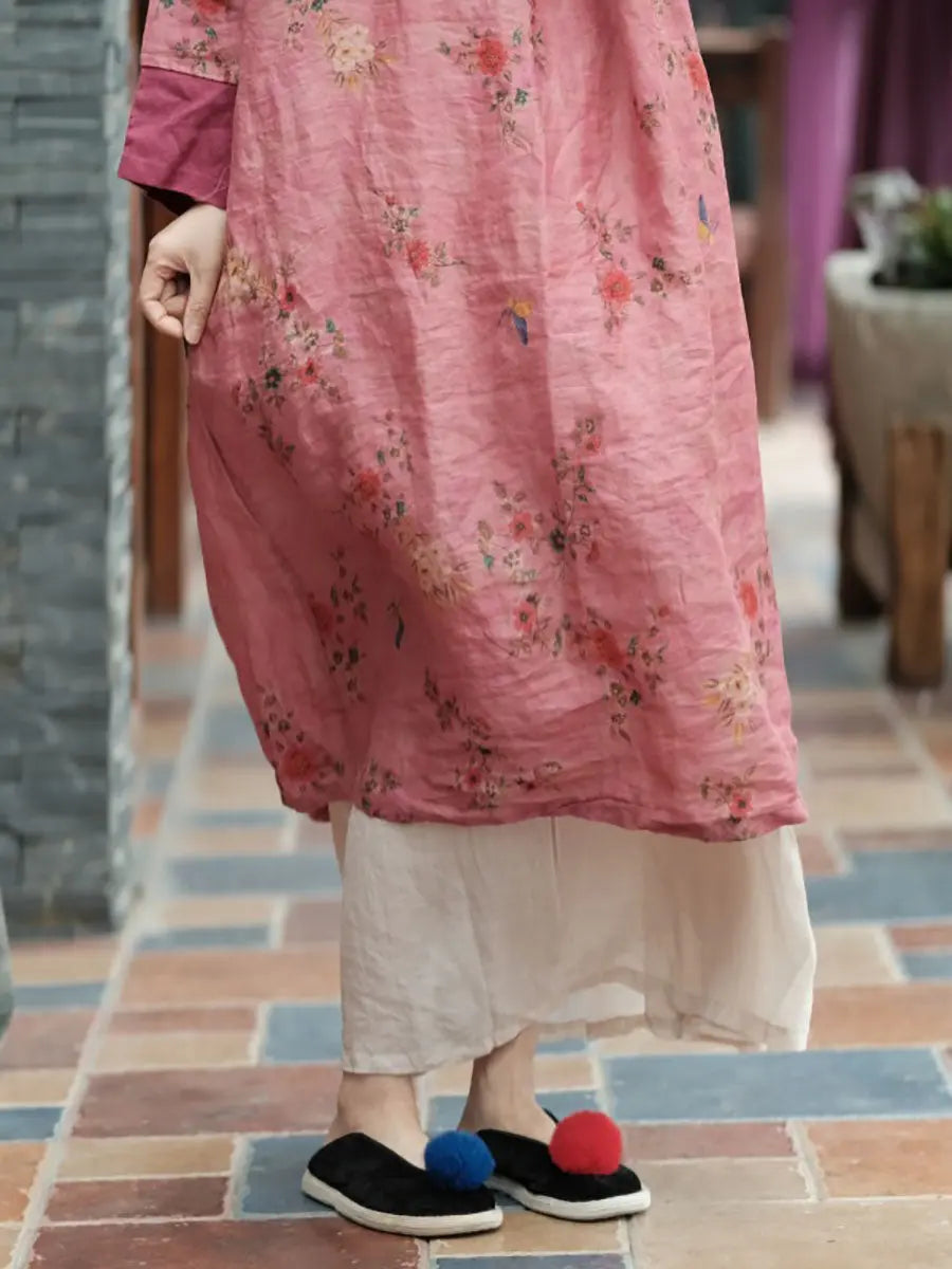 Women Vintage Spring Floral Spliced Ramie Robe Dress Ada Fashion
