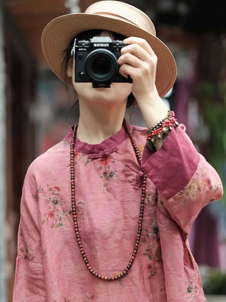 Women Vintage Spring Floral Spliced Ramie Robe Dress Ada Fashion
