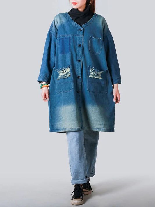 Women Vintage Spring Frayed Denim Coat Ada Fashion