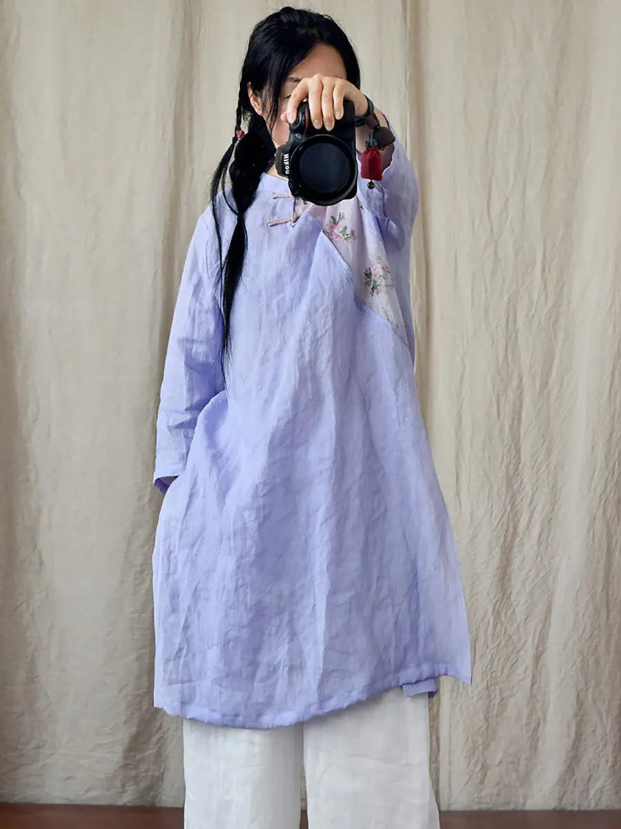 Women Vintage Spring Spliced Ramie Robe Dress Ada Fashion