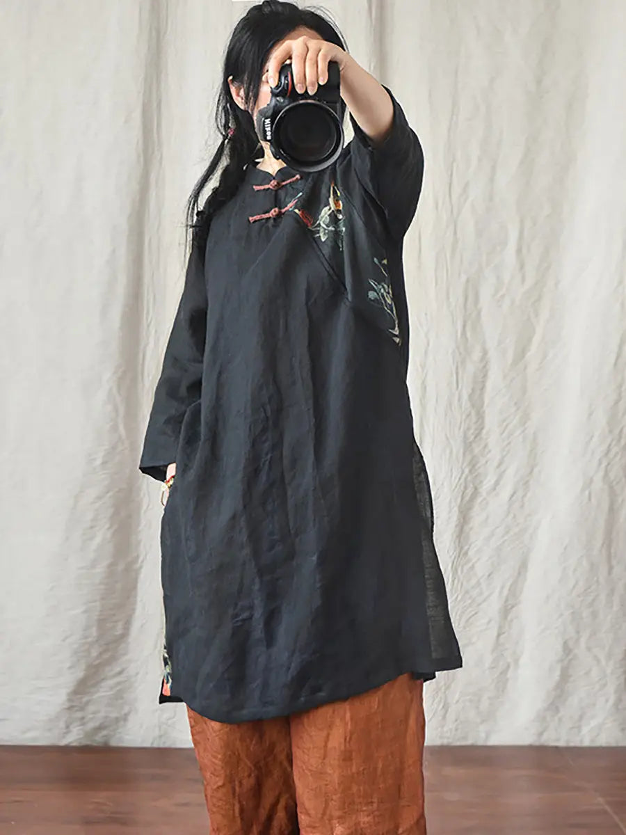 Women Vintage Spring Spliced Ramie Robe Dress Ada Fashion