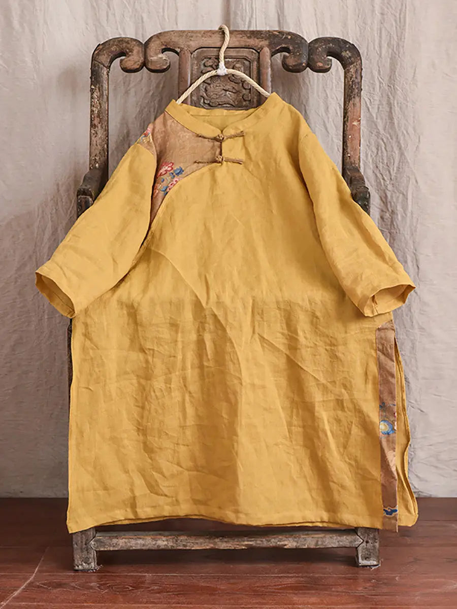 Women Vintage Spring Spliced Ramie Robe Dress Ada Fashion