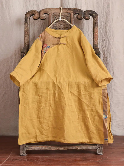 Women Vintage Spring Spliced Ramie Robe Dress Ada Fashion