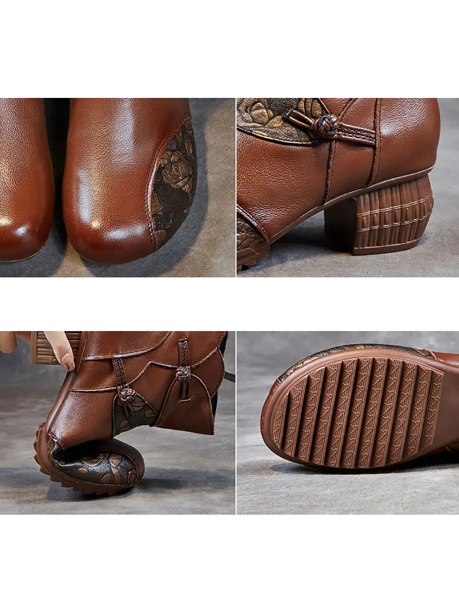 Women Vintage Winter Leather Flower Spliced Ankle Boots Ada Fashion
