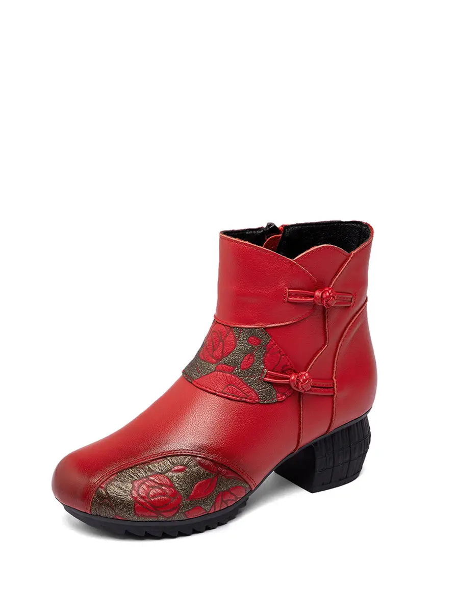 Women Vintage Winter Leather Flower Spliced Ankle Boots Ada Fashion
