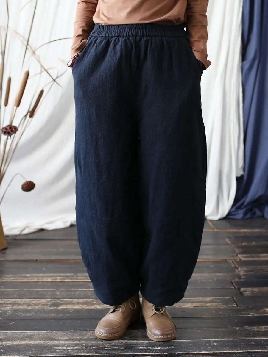 Women Vintage Winter Solid Ramie Padded Harem Pants Ada Fashion