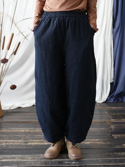 Women Vintage Winter Solid Ramie Padded Harem Pants Ada Fashion