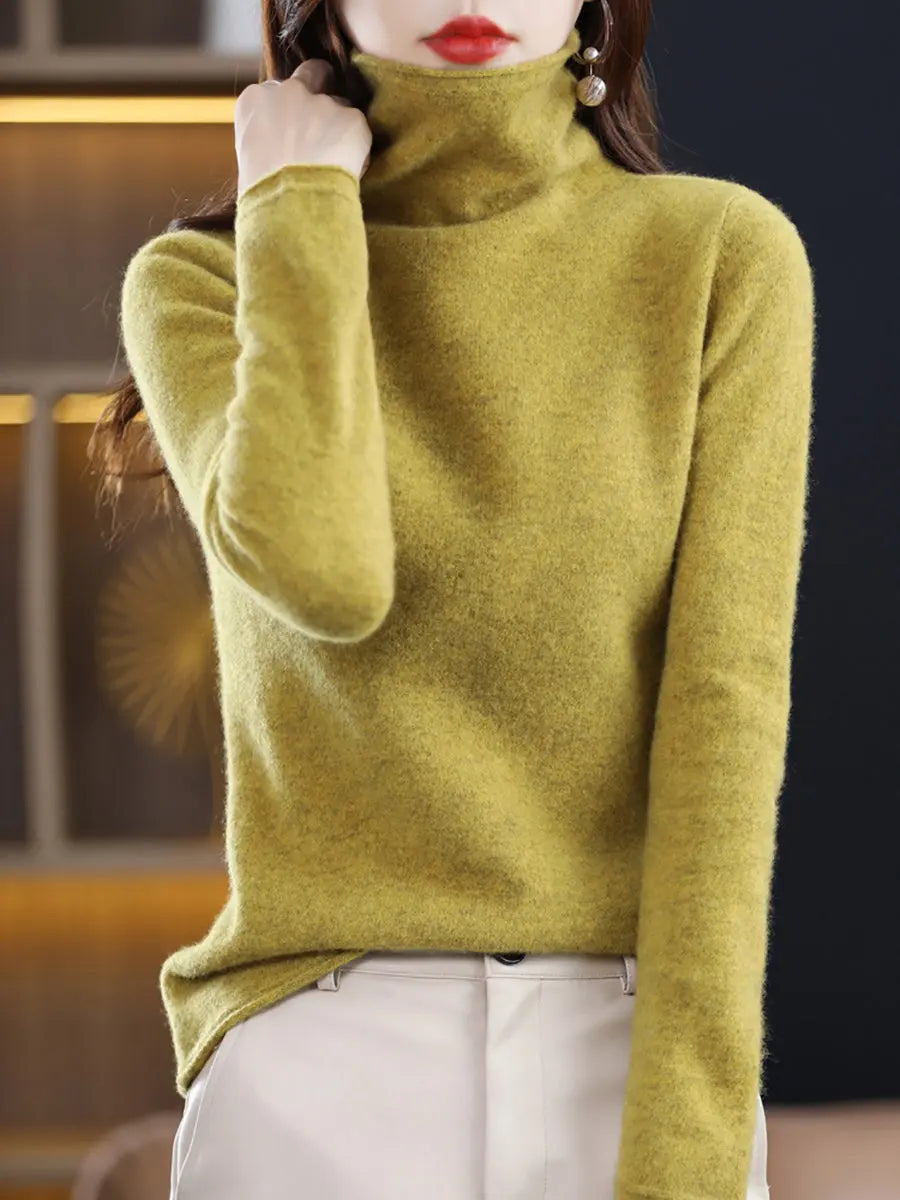 Women Winter 100%Wool Solid Turtleneck Baseshirt Ada Fashion