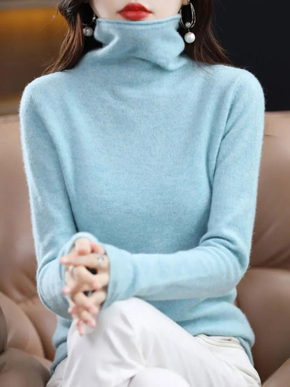 Women Winter 100%Wool Solid Turtleneck Baseshirt Ada Fashion