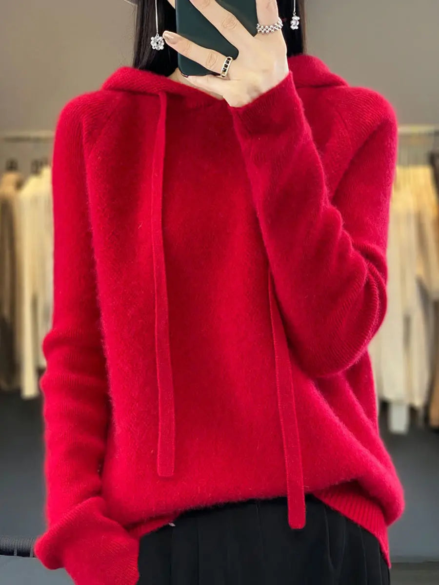 Women Winter Casual Solid Hooded Wool Sweater Ada Fashion