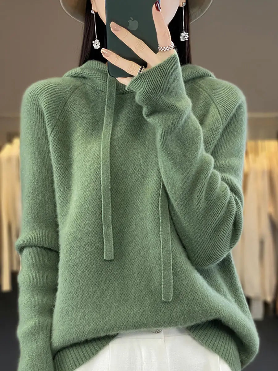 Women Winter Casual Solid Hooded Wool Sweater Ada Fashion