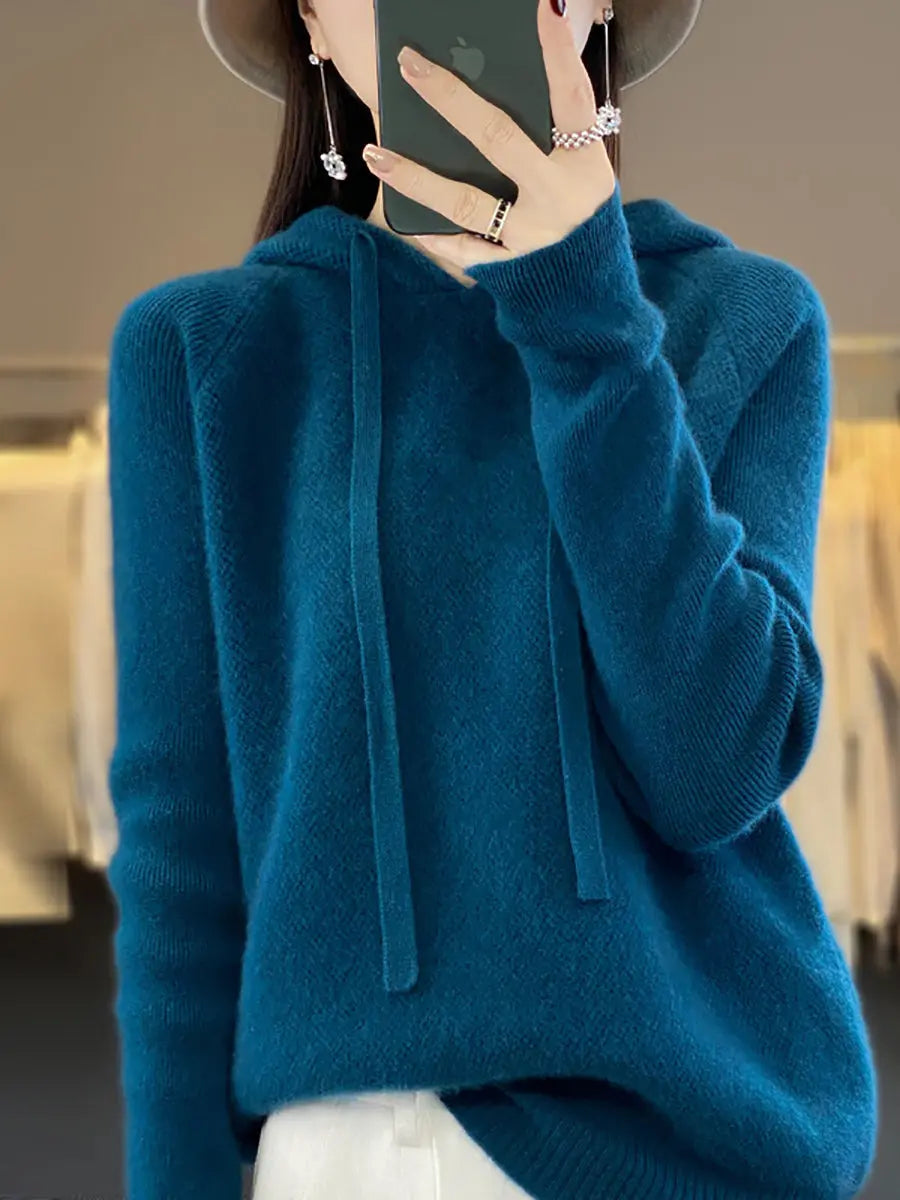 Women Winter Casual Solid Hooded Wool Sweater Ada Fashion