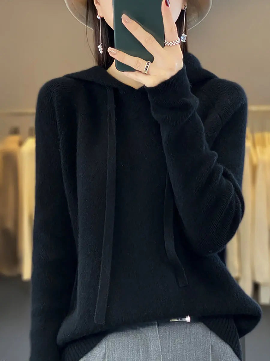 Women Winter Casual Solid Hooded Wool Sweater Ada Fashion