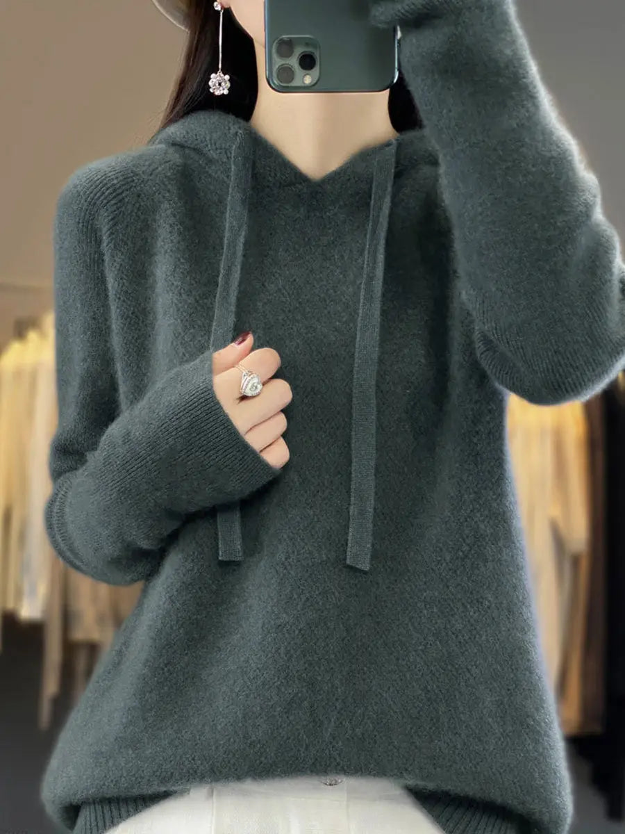 Women Winter Casual Solid Hooded Wool Sweater Ada Fashion