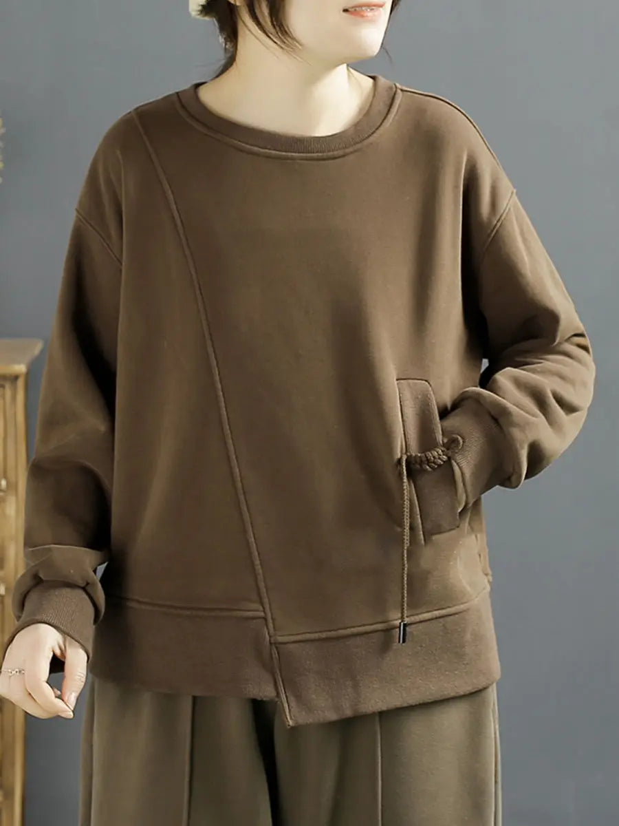 Women Winter Cotton Irregular Spliced Fleece-lined Sweatshirt Ada Fashion