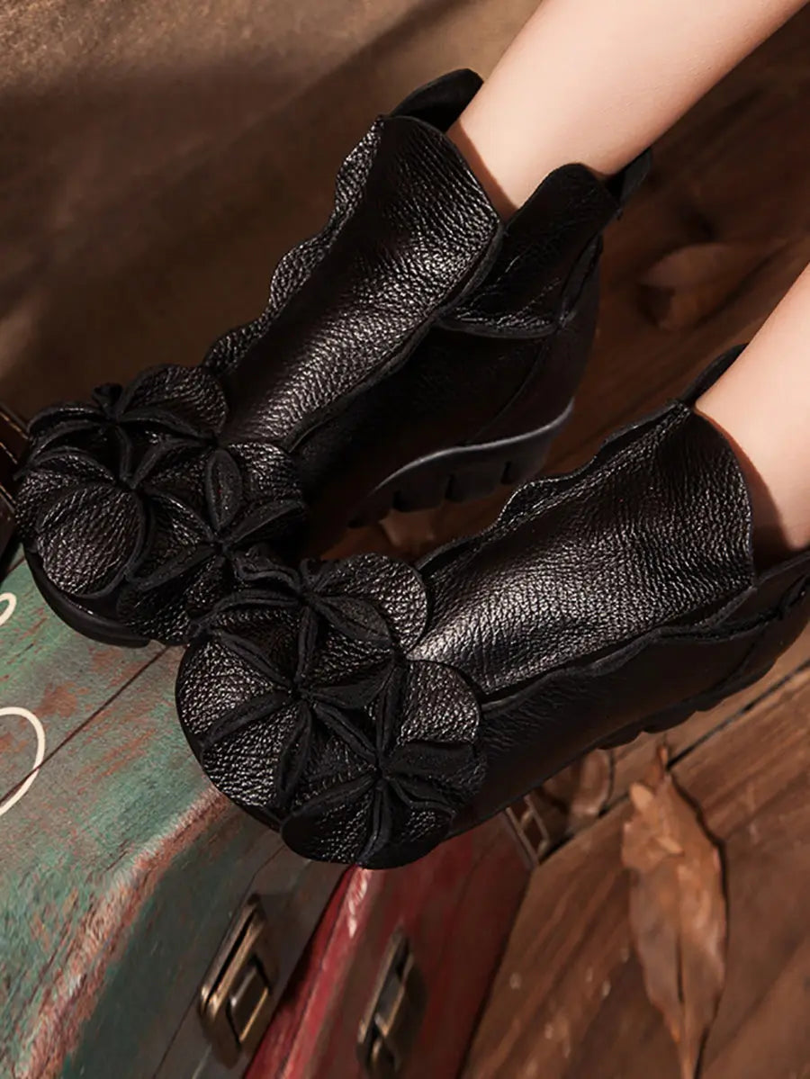 Women Winter Retro Leather Flower Spliced Ankle Boots Ada Fashion