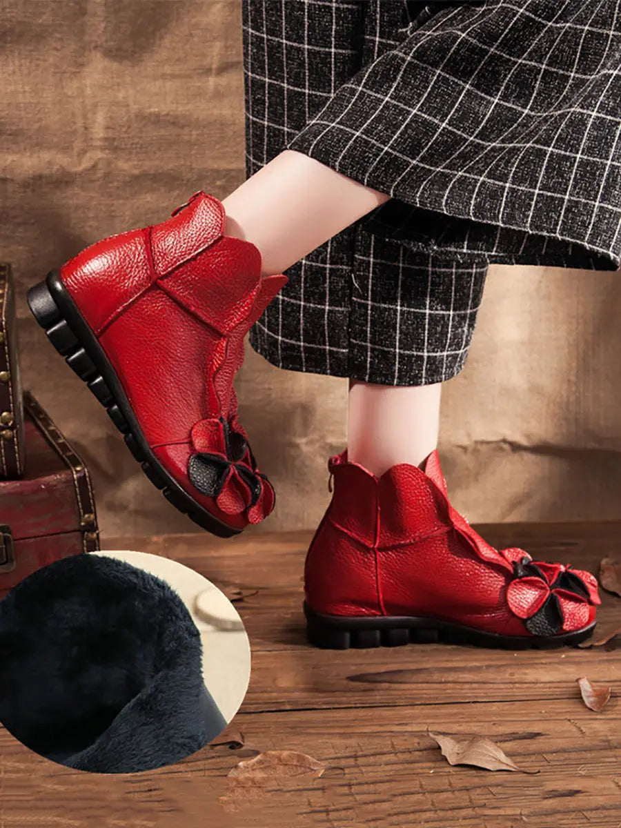 Women Winter Retro Leather Flower Spliced Ankle Boots Ada Fashion