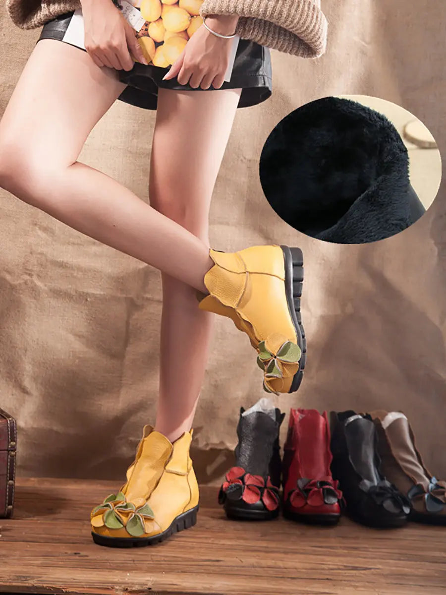 Women Winter Retro Leather Flower Spliced Ankle Boots Ada Fashion