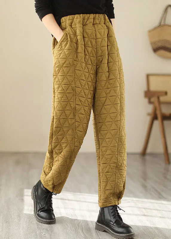 Women Yellow Pockets Plaid Patchwork Fleece Pants Winter Ada Fashion