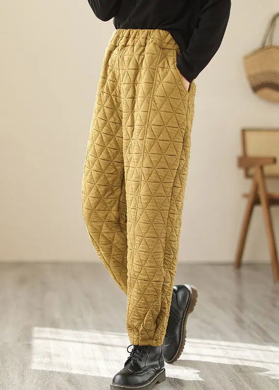 Women Yellow Pockets Plaid Patchwork Fleece Pants Winter Ada Fashion