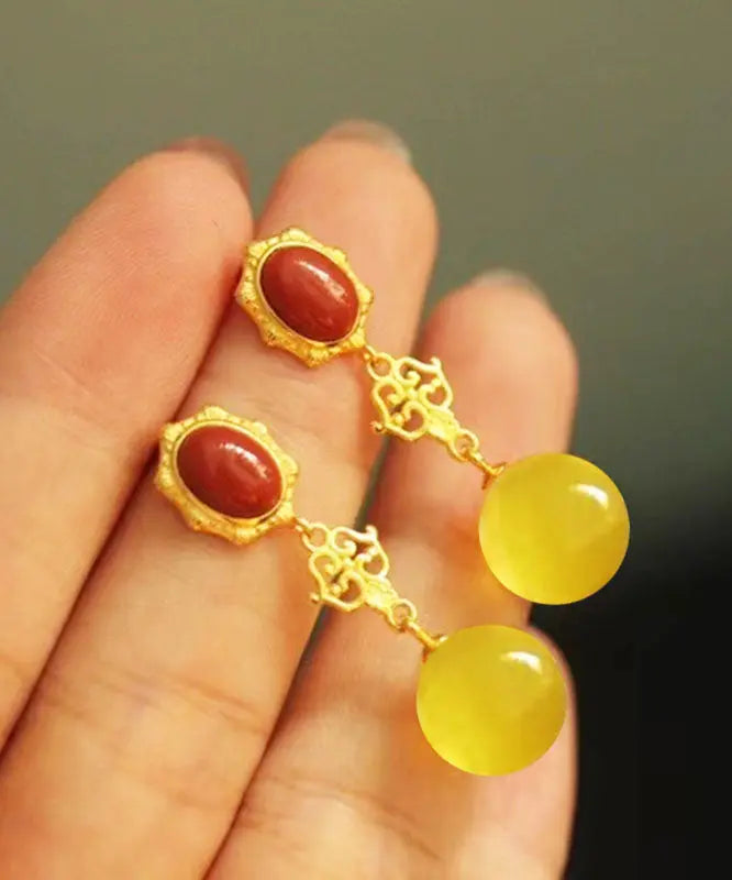 Women Yellow Sterling Silver Overgild Agate Beeswax Drop Earrings Ada Fashion