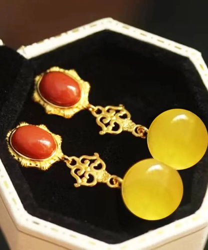 Women Yellow Sterling Silver Overgild Agate Beeswax Drop Earrings Ada Fashion