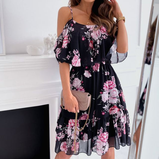 Cold-Shoulder Floral Mini A-Line Dress YS10024