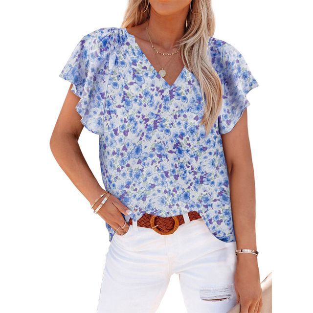 Short-Sleeve V-Neck Floral Blouse YR4065