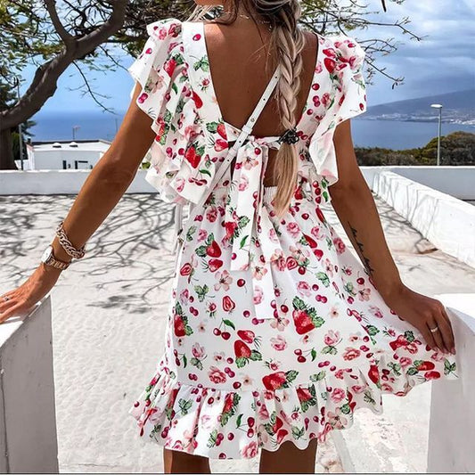 Short-Sleeve Floral Print Open-Back Dress vb68