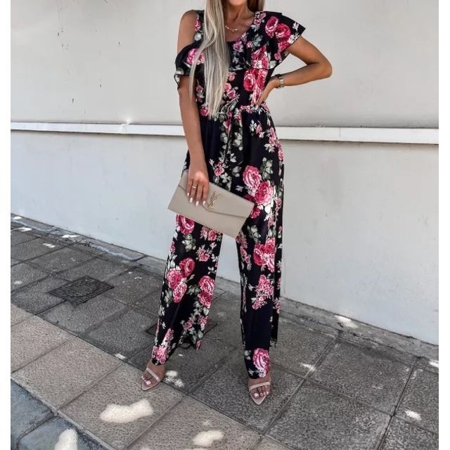 Floral Print Off-Shoulder Short Sleeve Jumpsuit YS1009