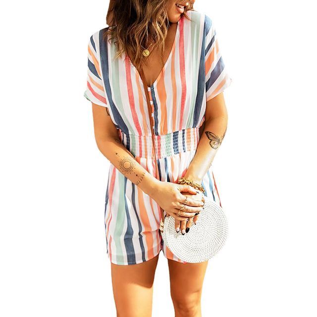 Short-Sleeve V-Neck Striped Print Playsuit CG30