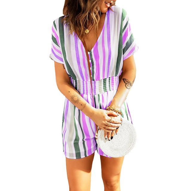 Short-Sleeve V-Neck Striped Print Playsuit CG30