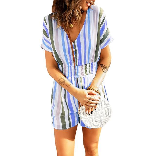 Short-Sleeve V-Neck Striped Print Playsuit CG30