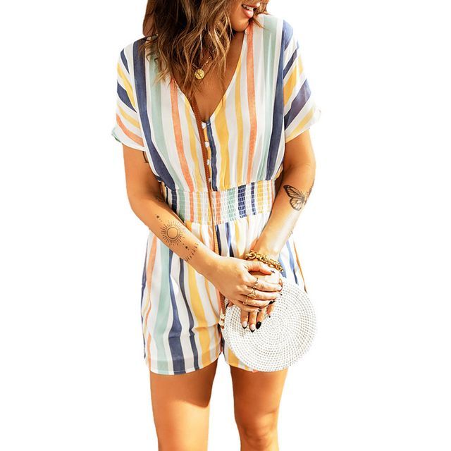 Short-Sleeve V-Neck Striped Print Playsuit CG30