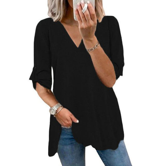 Elbow-Sleeve V-Neck Blouse YR4050