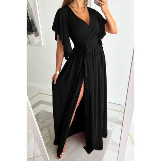 Short-Sleeve V-Neck Plain Slit Maxi A-Line Dress YS1005