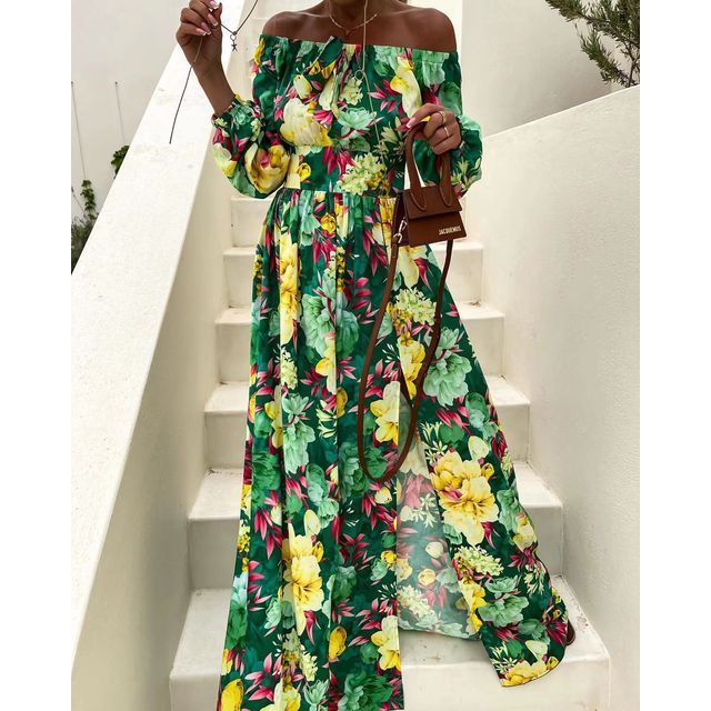 Off-Shoulder Floral Print Midi A-Line Dress YS10018