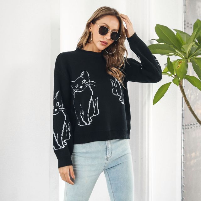 Crew Neck Cat Print Sweater FR105