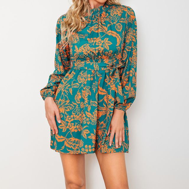 Long-Sleeve Mock Neck Floral Mini A-Line Dress vb38