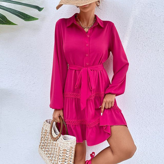 Long-Sleeve Collared Plain Tiered Belted Mini A-Line Shirt Dress FR1015